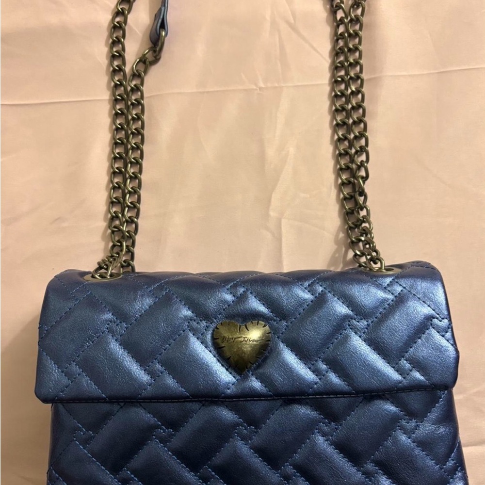 Quilted Metallic Blue Shoulder Bag with Heart Accent